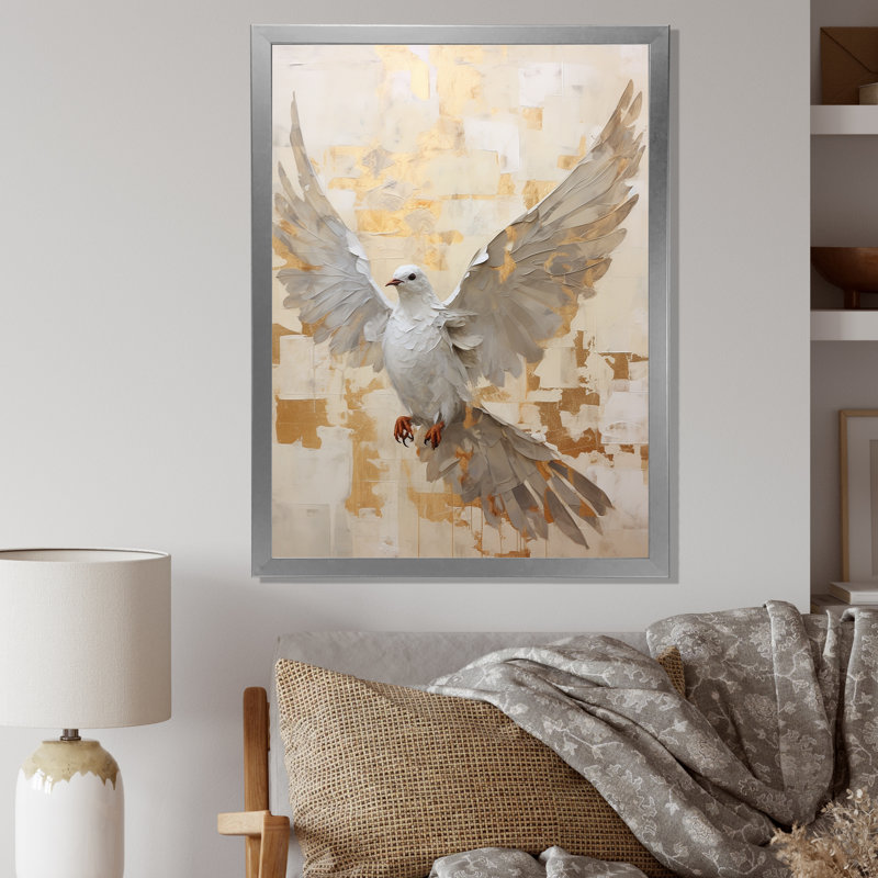Minimalisme beige et colombe dorée III sur toile, Cadre simple argenté, H 32 po x l 16 po x P 1 po