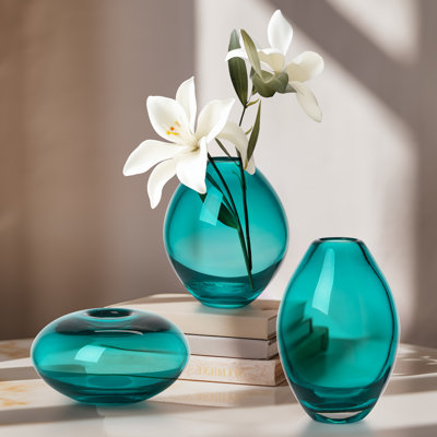 Cecile 3-Piece Hand-Blown Glass Vase Set (Teal)