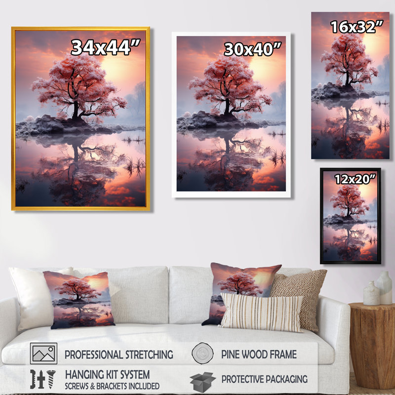 Arbre rose sur une île comme les couleurs chaudes du coucher du soleil - arbre d'hiver, décoration murale