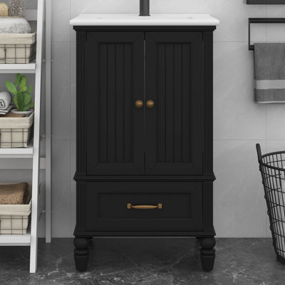 Meuble-lavabo de 20 po avec lavabo en céramique, armoire de rangement avec 2 portes et 1 tiroir, butoir de porte magnétique et patins réglables