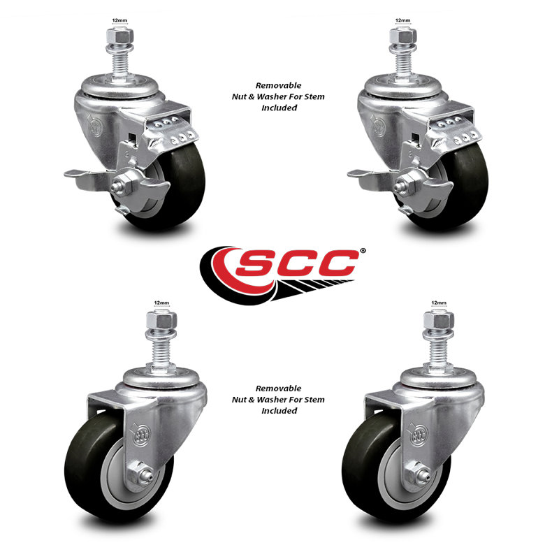 3,5 pouces_ Ensemble de roulettes à tige filetée en polyuréthane pivotant de 12 mm et 2 freins SCC