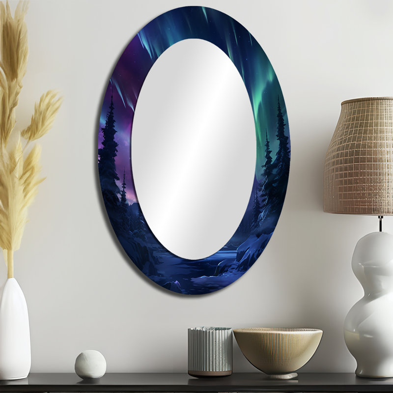 Vibrant Northern Lights - Grand miroir mural ovale sur métal, 36 po x 24 po