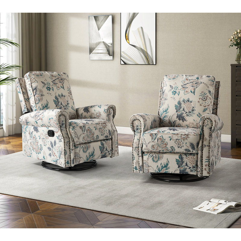 Antasia 34'' W Rocking Swivel Nursery Recliner, Teal/Cream Polyester