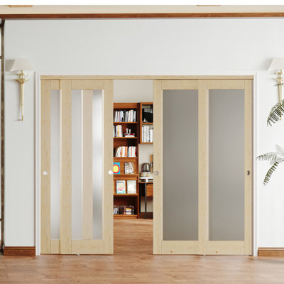 Sliding Closet Door - Frosted Mirror With Wood Finish Frame, MDF Sliding Door With Handle And Sliding Rail Kit