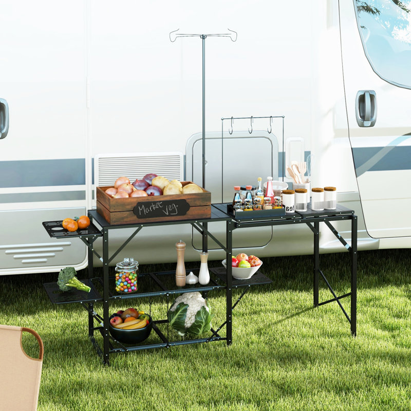 Camping Table With Adjustable Lantern Holder, Hanging Hooks, And Portable Storage For Outings Travel Camp Cooking Construction, Lamp Tools