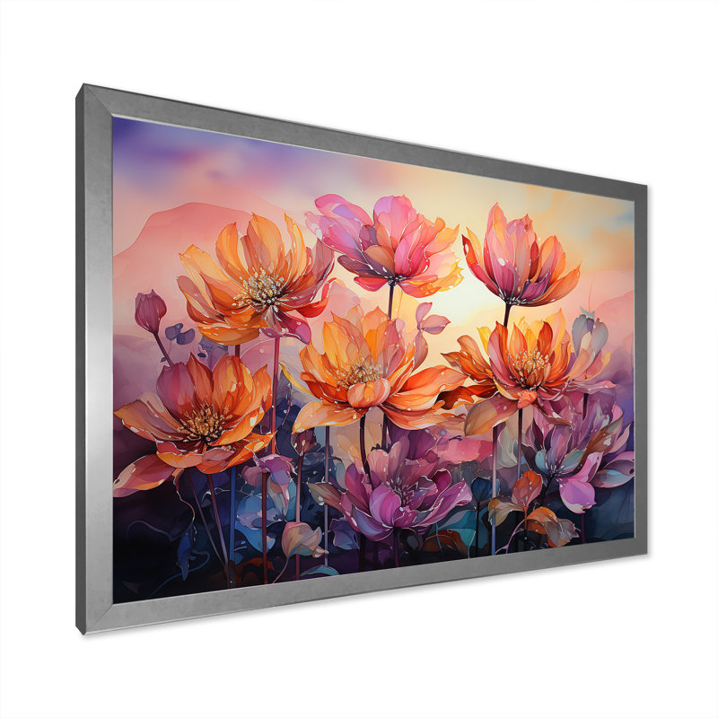 Tulipes coucher de soleil I - décoration murale tulipes, Cadre simple argenté, H 34 po x l 44 po x P 1,5 po
