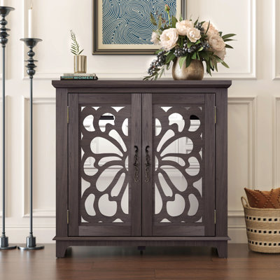 Buffet élégant avec 2 portes miroir, fini bois 3D, intérieur spacieux pour la vaisselle et les bouteilles de vin, détails raffinés sur les miroirs, montage facile, convient à plusieurs personnes