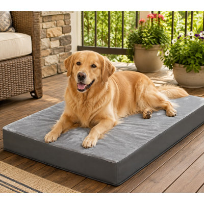 Gray 35"x22" waterproof outdoor orthopedic dog crate/kennel pad for large dogs, with a durable removable cover, reversible faux-leather and flannel surfaces, pet-bed foam, and an anti-slip bottom; the washable pad is listed as 35".