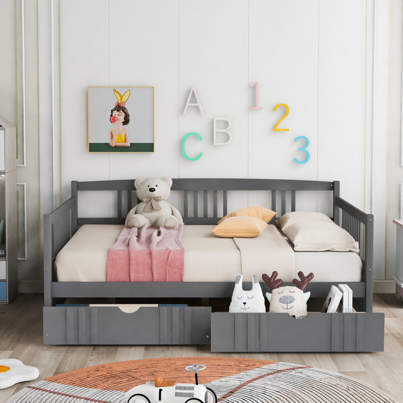 Gray Daybed With Two Practical Drawers - Solid Wood For A Neat Living Room Full Size Drawers, Made From Structure, Gray