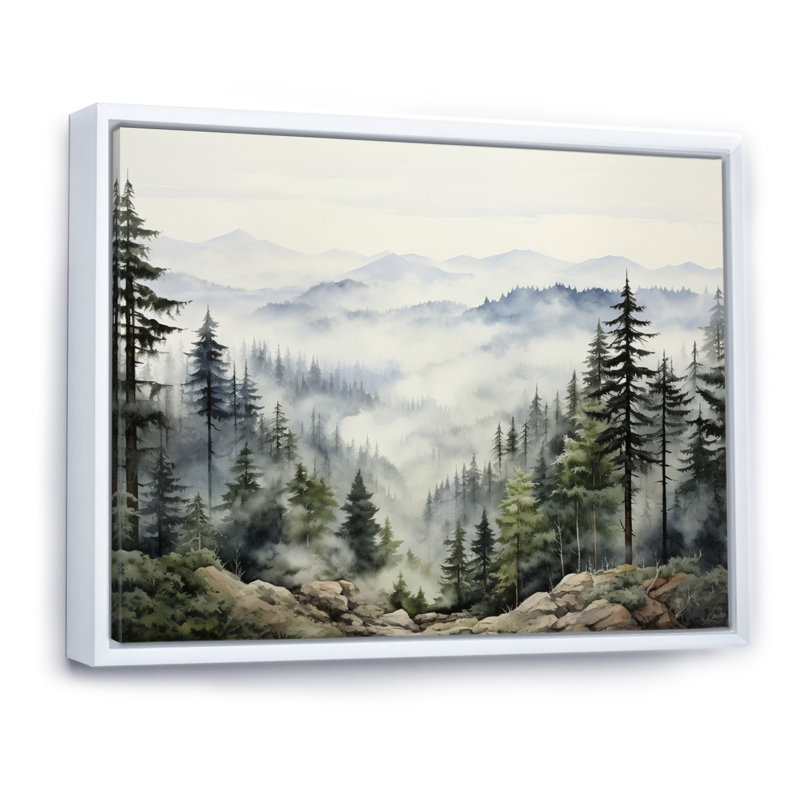 «Pine Tree Misty Mountain I», art sur toile de pin, Reproduction avec cadre flottant, H 30 po x l 40 po, Blanc