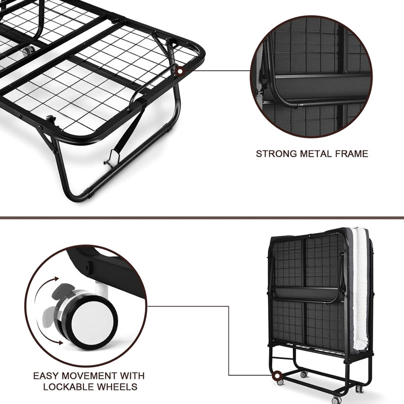 Lit pliant portatif avec matelas surélevé - L 75 po x l 31 po x H 16,8 po, lit pliant pour adulte en noir et blanc, facile à plier