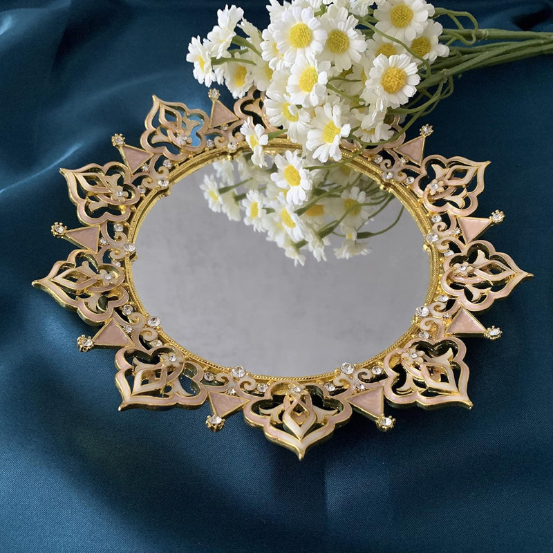 Ornate Metal Vanity Tray with Ring Holder - Decorative Jewelry/Makeup Organizer for Vanity/Dresser/Bathroom