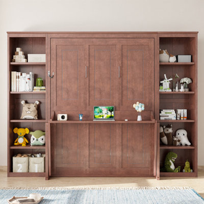 Hartland Queen Size Murphy Bed with Built-In Desk, Solid Wood Wall Bed with Bookshelves & Storage Shelves, Fold-Down Platform Bed for Home Office, No Box Spring Needed, 600 lb Capacity
