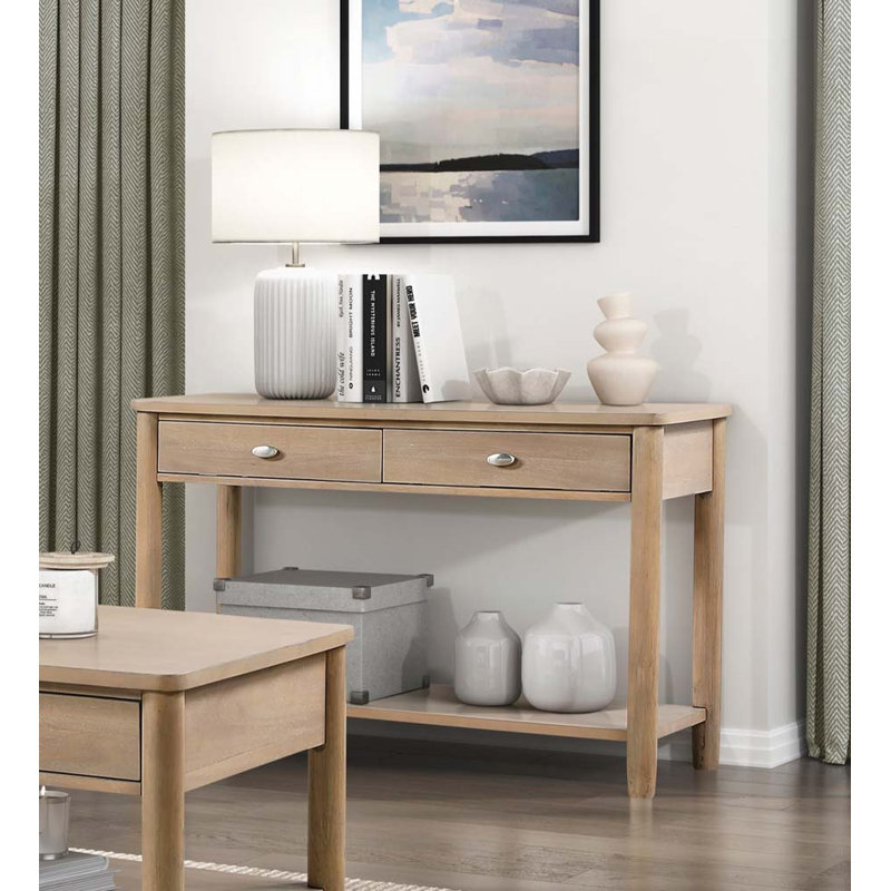 Table basse en bois avec deux tiroirs, tablette ouverte