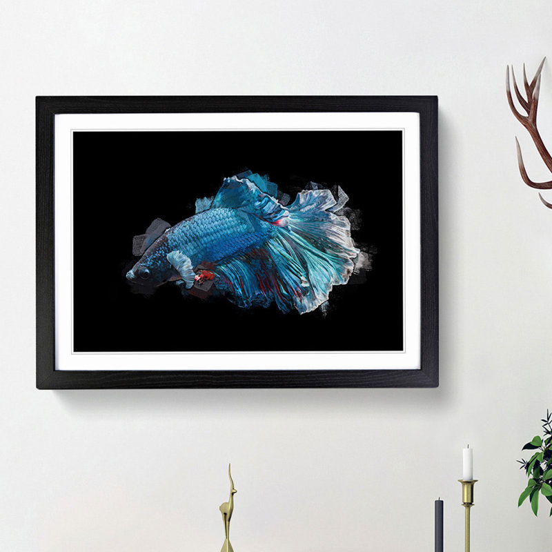 Blue Siamese Fighting Fish in Abstract - Picture Frame Graphic Art Print, 62cm H x 87cm W x 2cm D, Black Framed