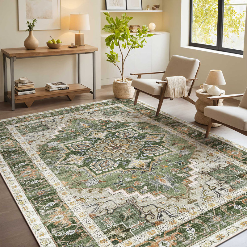 Tapis d'intérieur lavable vintage à poils courts Boho, Rectangle 5 pi x 7 pi