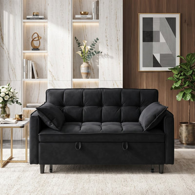55" Velvet Square Arm Convertible Sleeper Loveseat with Pull-Out Bed and Toss Pillows