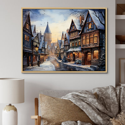 French Village Winter Sunset - Winter Landscape, art mural