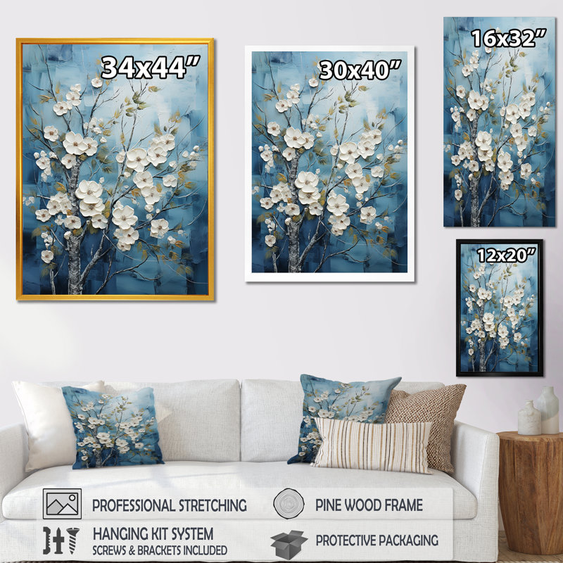 Blanc et bleu fleurs d'hiver - art mural forêt, Cadre photo doré, H 20 po x l 12 po x P 1 po