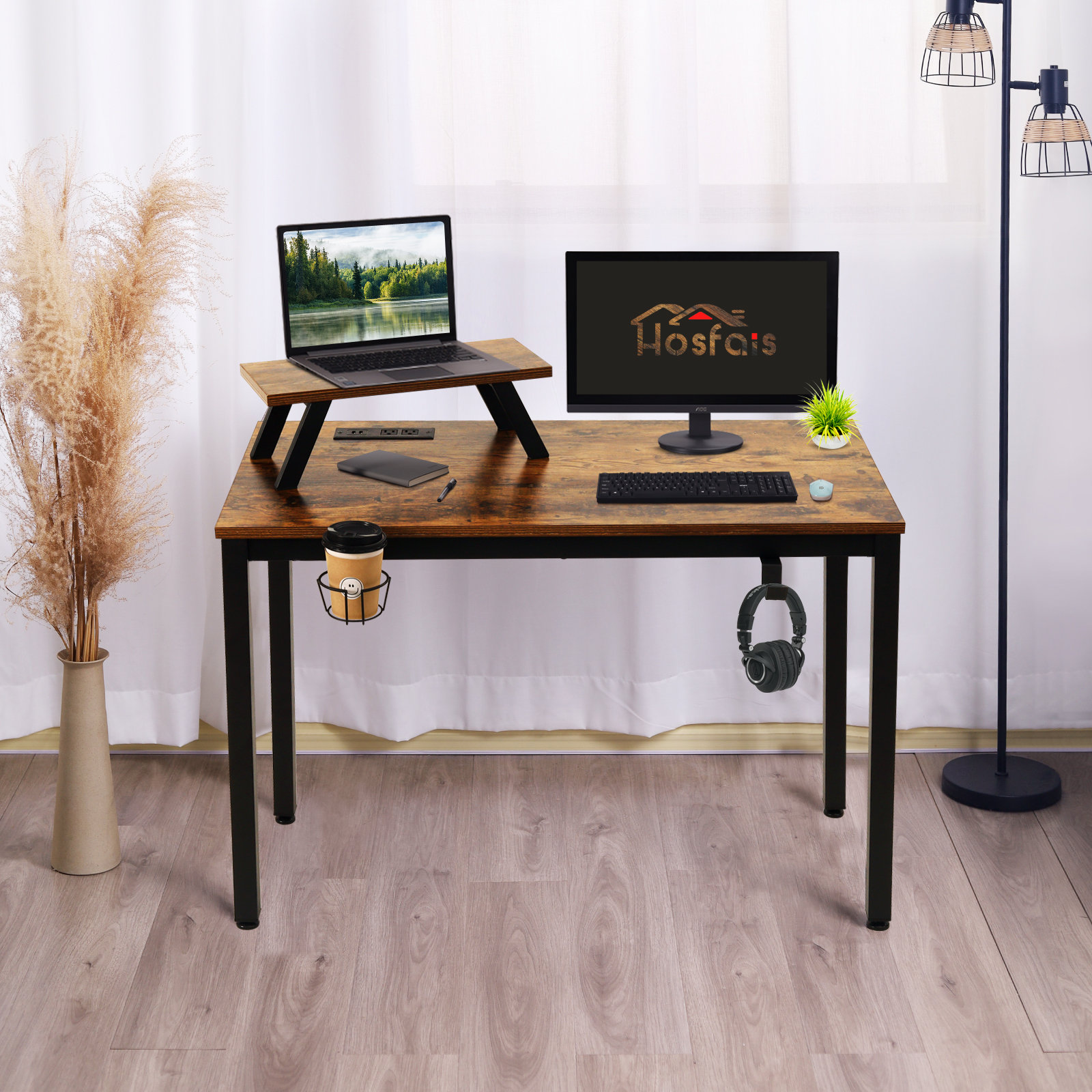 Sarahlouise Computer Desk with Power Outlet & Storage Shelves, PC Desk Workstation for Home Office 17 Stories Color (Top/Frame): Brown/Black, Size: 47