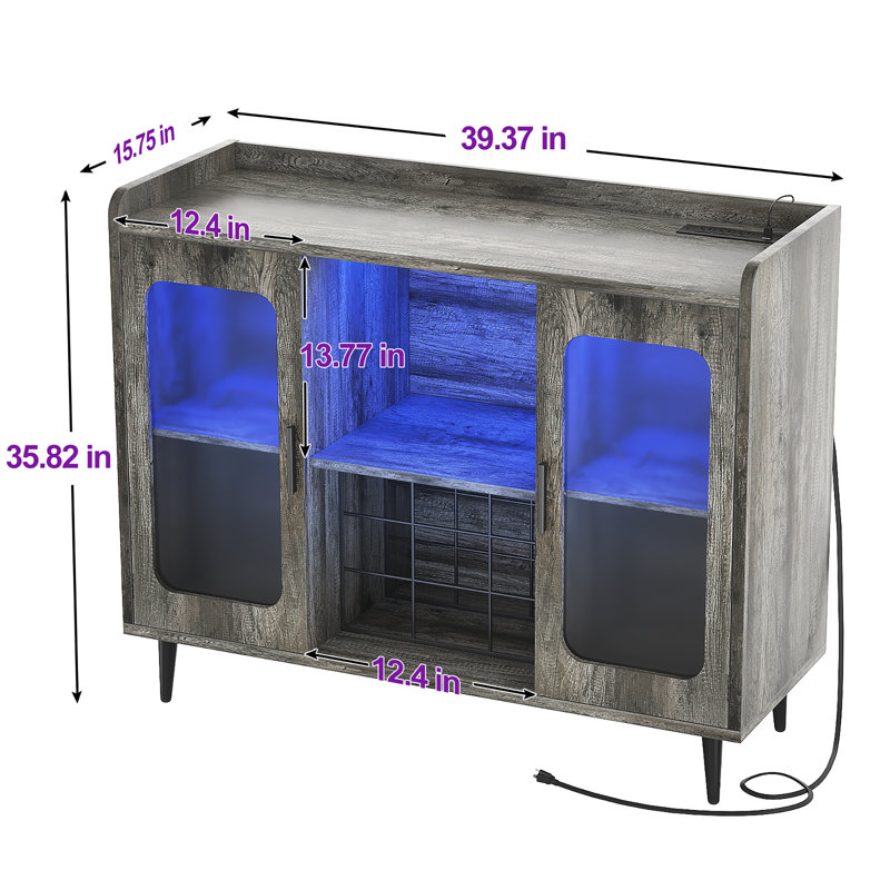 Xachary 40'' Wine Bar Cabinet with 4-Tier Storage for Glasses with LED Lights, Sideboard with Doors, Gray