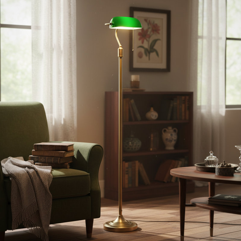Banquero Vintage Floor Lamp With Adjustable Glass Shade, Green Or White, Antique Brass Banker’s Style Reading Lamp, Green 