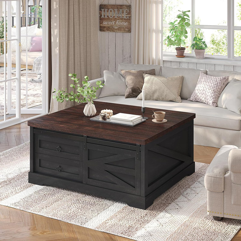39.4'' Lift Top Coffee Table With Storage, Farmhouse Coffee Tables For Living Room, Walnut, Black