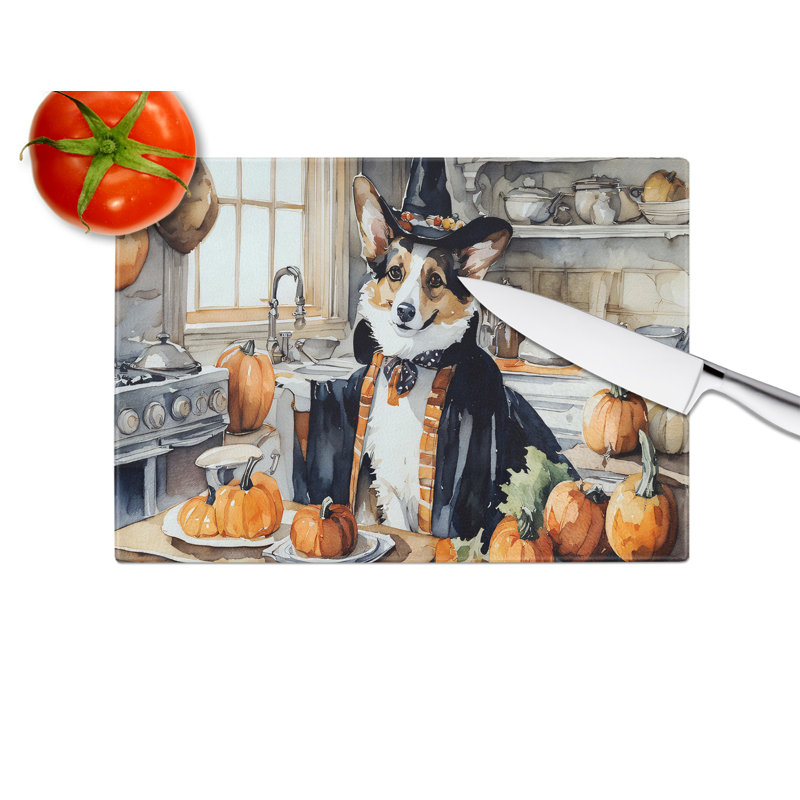 Corgi Fall Kitchen Pumpkins Glass Cutting Board Large