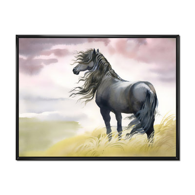 Cheval noir dans un champ - reproduction sur toile