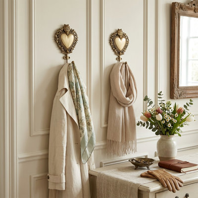 Crochet mural Vintage Heart (ensemble de 2), manteau décoratif et crochets décoratifs en or antique à sacré, support mural pour vestibule, salle de bain, chambre à coucher et garde-robe