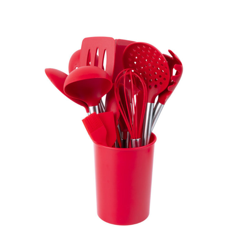 Ensemble d'ustensiles de cuisine en silicone 14 pièces, Rouge / argenté