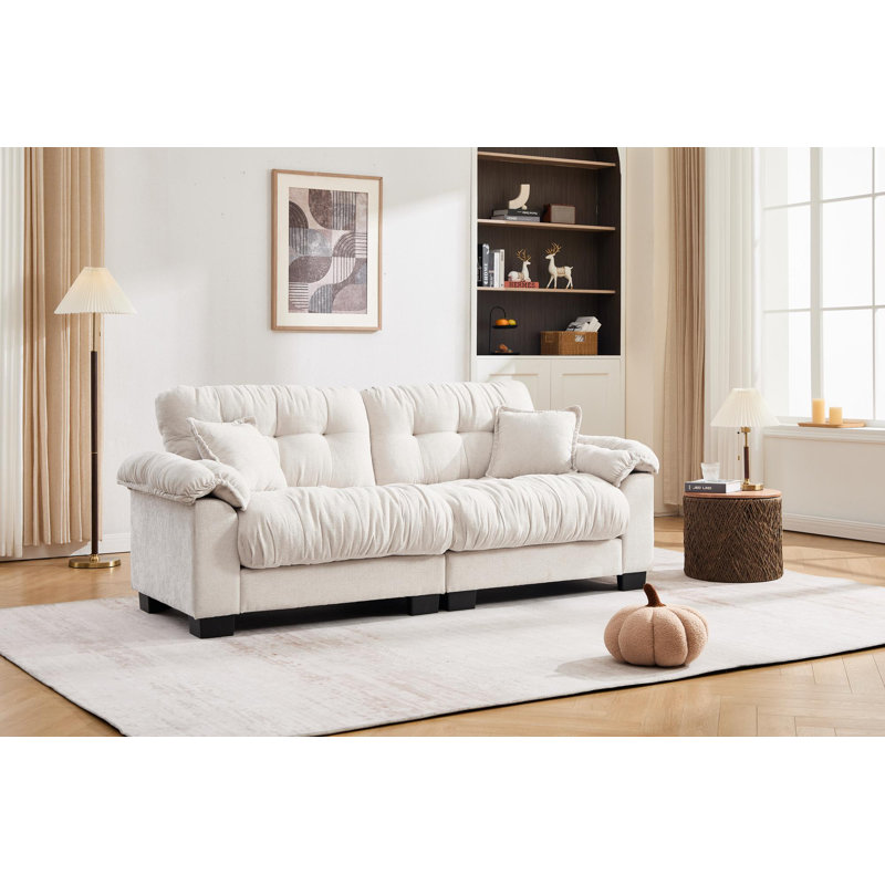 Pleated Chenille Three-Seater Sofa, Beige