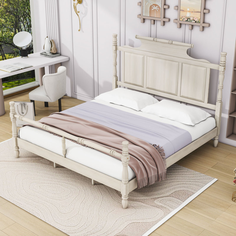 Lit plateforme avec tête de lit Wooden Country Style, Très grand, Blanc rétro