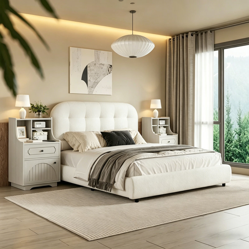 Ensemble de chambre à coucher 3 pièces avec lit capitonné Modern, Blanc, Lit double