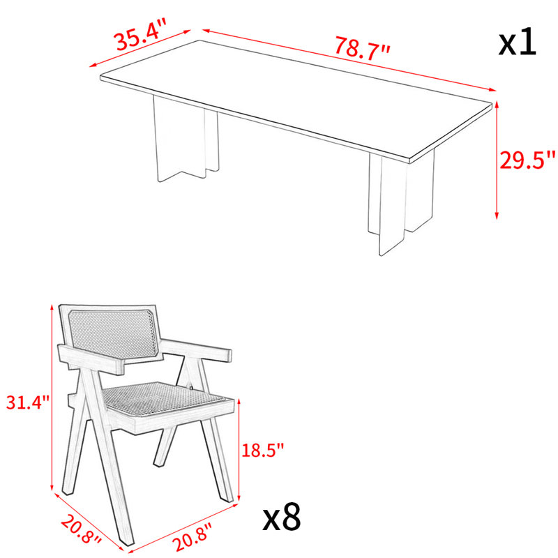 Ensemble de table de salle à manger japonais en bois massif, H 29,5 po x L 78,7 po x l 35,4 po