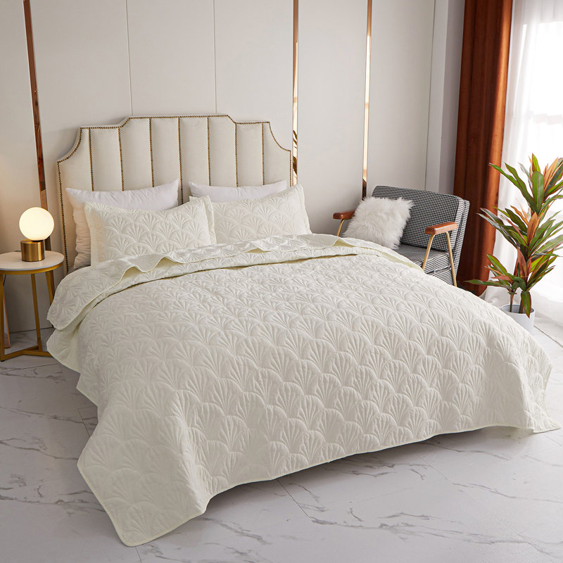 Ensemble de courtepointe brodée 3 pièces festonnée, Couvre-lit pour lit grand : couvre-lit + 2 taies d, Blanc