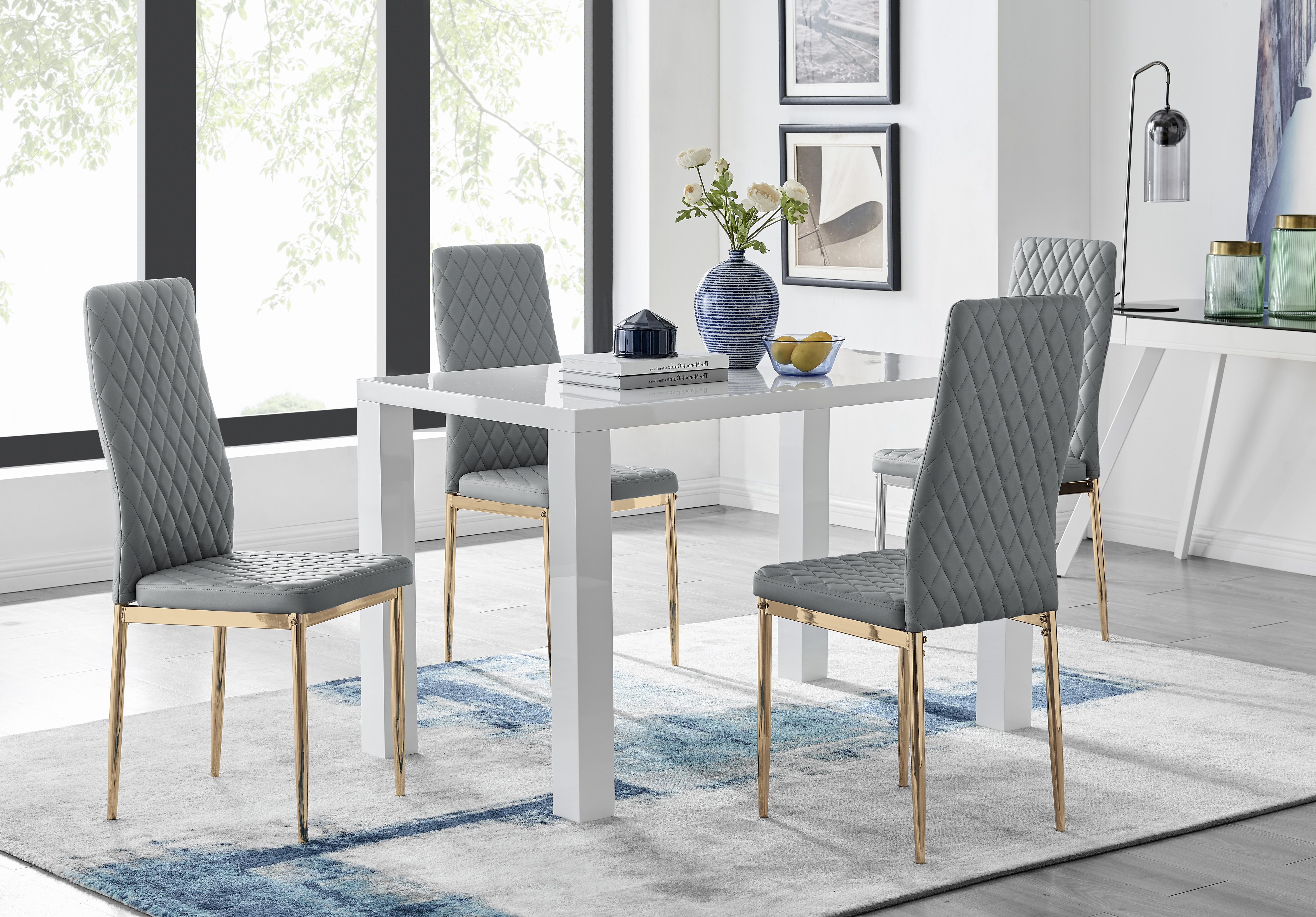 Eubanks High Gloss 4 Seat Rectangular Dining Table Set with Faux Leather Upholstered Dining Chairs