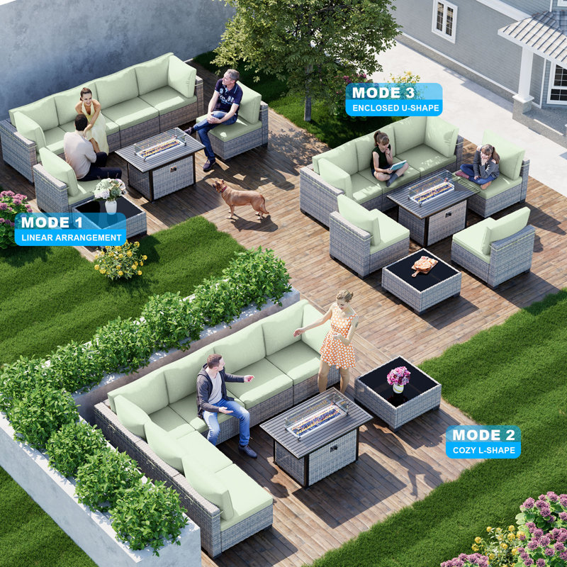 8-Piece Patio Furniture Set, Outdoor Patio Furniture with 55,000 BTU Fire Pit Table, Thick Cushions, Modular Patio Sofa, Dual-Strand Wicker Rattan, Rust-Resistant Frame