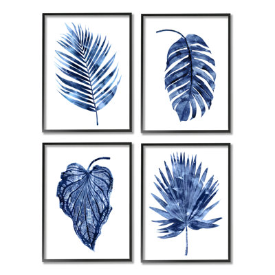 Varied Blue Leaves Simple Botanical Plant Shapes 4 Piece Set Black Framed Giclee Texturized Art by Melonie Miller