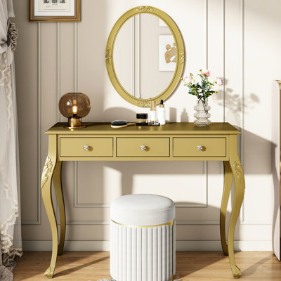Meuble-lavabo à miroir ovale de luxe avec rangement pour bijoux à 3 tiroirs, console élégante pour le vestibule et le couloir, tiroirs de rangement en matériau doré, rangement idéal pour la zone de maquillage, rails