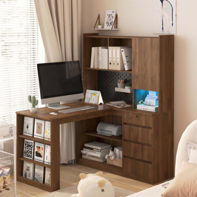 Bureau en L avec chargeur et rangement, bureau d'ordinateur d'angle moderne avec DEL, table d'étude pour bureau à domicile