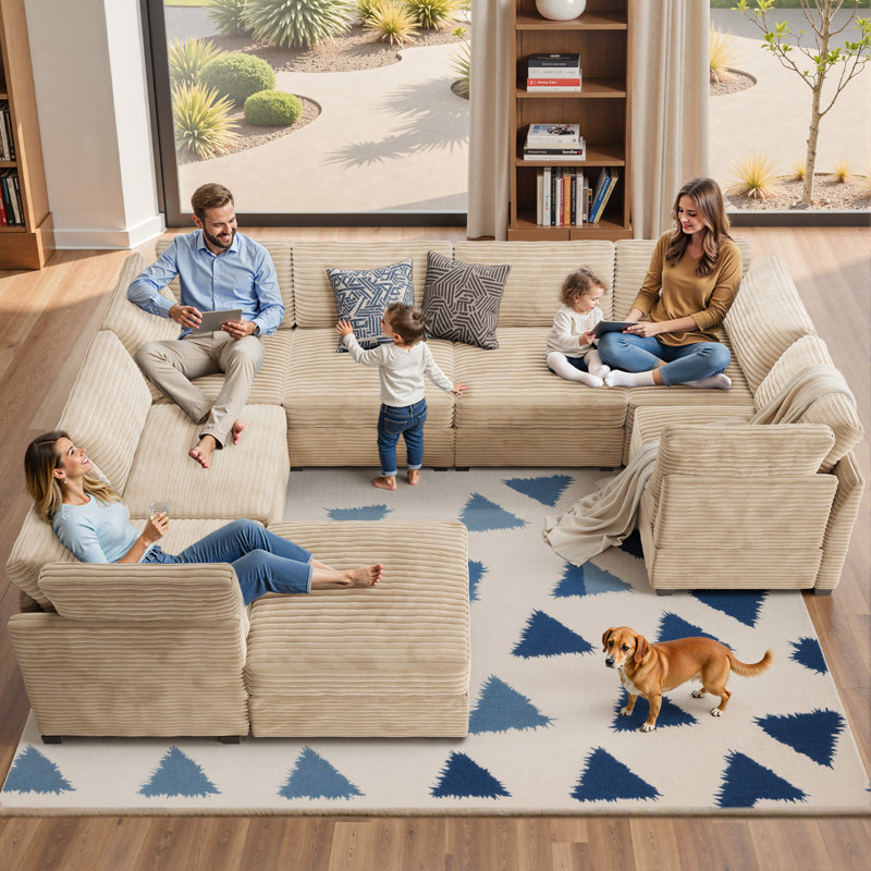 Hogle Modular Plush Corduroy U-Shaped Sectional, Beige Corduroy