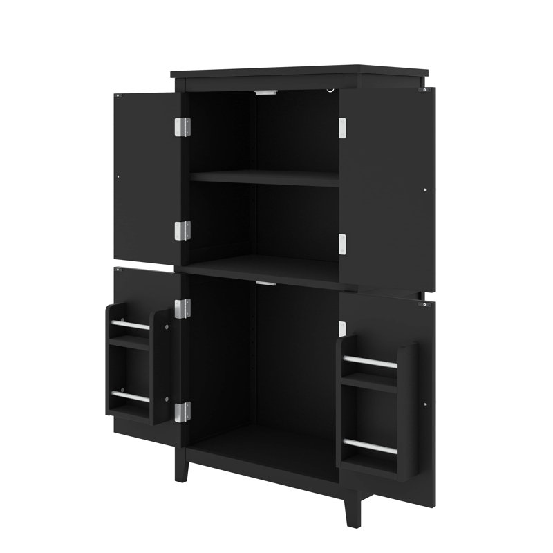 Chic Freestanding Bathroom Floor Storage Cabinet With 4 Doors And Adjustable Shelves, Black