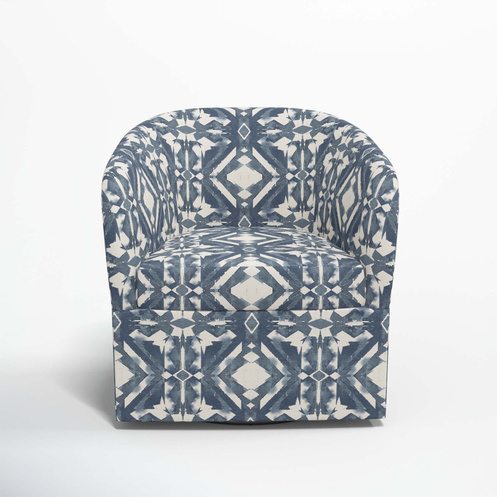 Lesia Upholstered Swivel Barrel Chair, Asha Blue Ikat