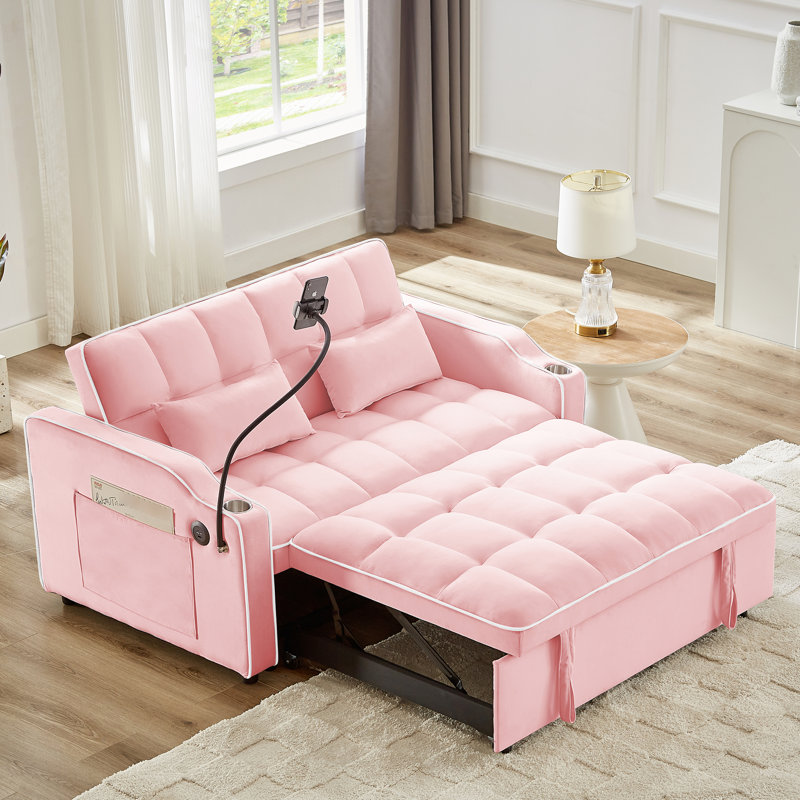 Polyvalent 3 lit rose avec dossier réglable, support de charge et support pour téléphone, Rose