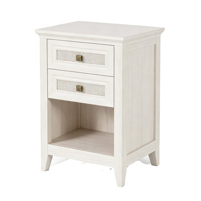 Table d'appoint en bois de ferme blanc grisâtre, table de chevet de style bohème équipée de deux tiroirs incrustés en rotin et d'un compartiment de rangement ouvert, armoire de bout décorative en bois multi-usage pour le salon de la chambre à coucher et le bureau à domicile