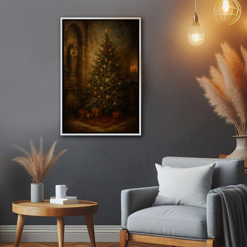 Arbre de Noël d'inspiration antique, décoration murale encadrée avec impression de cadeaux, H 24 po x l 16 po, Blanc