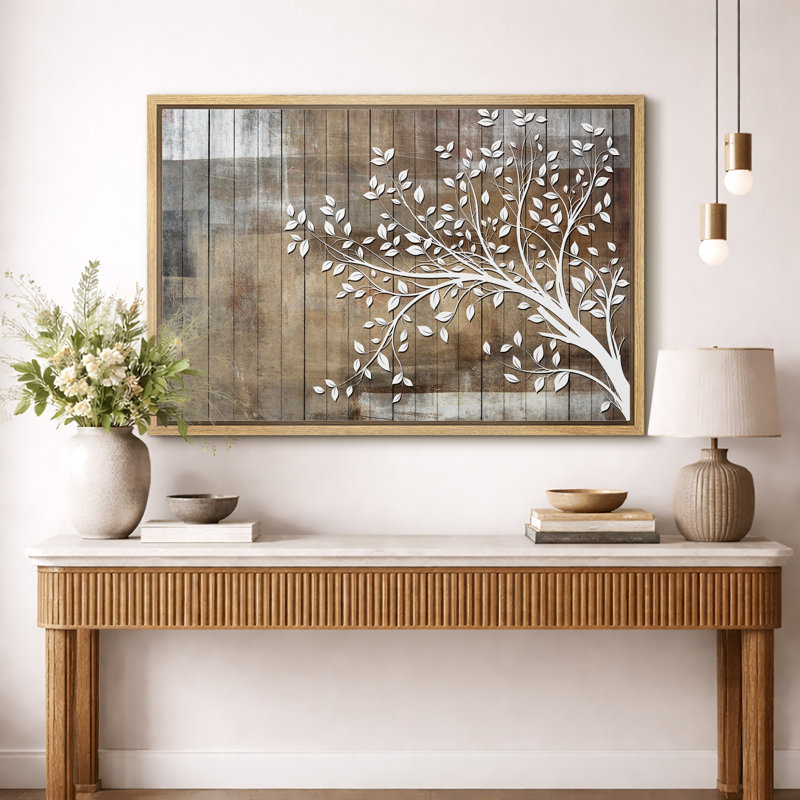 Abstract Tree "White Branch Leaves On Wood Effect Background Artwork, Abstract Neutral Tan Rustic Wall Pictures, Large Framed Canvas Giclee Print Wall Art"