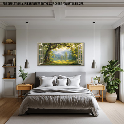  Fenêtre, décoration murale sur toile, paysage, impressions de soleil naturel, fenêtre ouverte, printemps, grande forêt, œuvre d'art panoramique, arbre pastoral, peinture horizontale pour le salon, 30 x 60 pouces