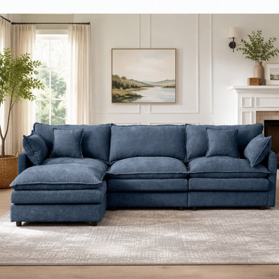 L-Shaped Cloud Modular Sectional Sofa with Movable Ottoman, Chenille Upholstery, Blue